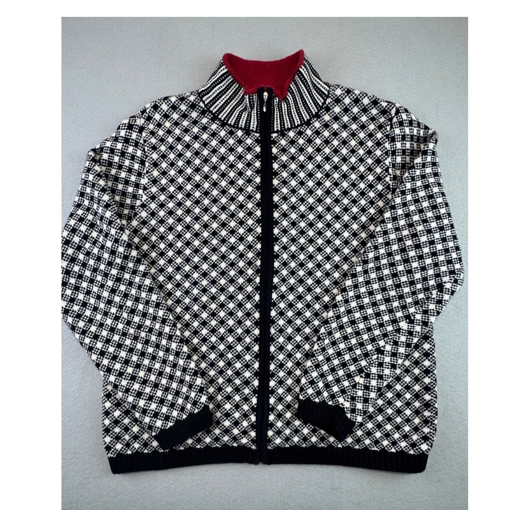 Talbots Black White Geometric Diamond Full Zip Cotton Cardigan Sweater Womens L